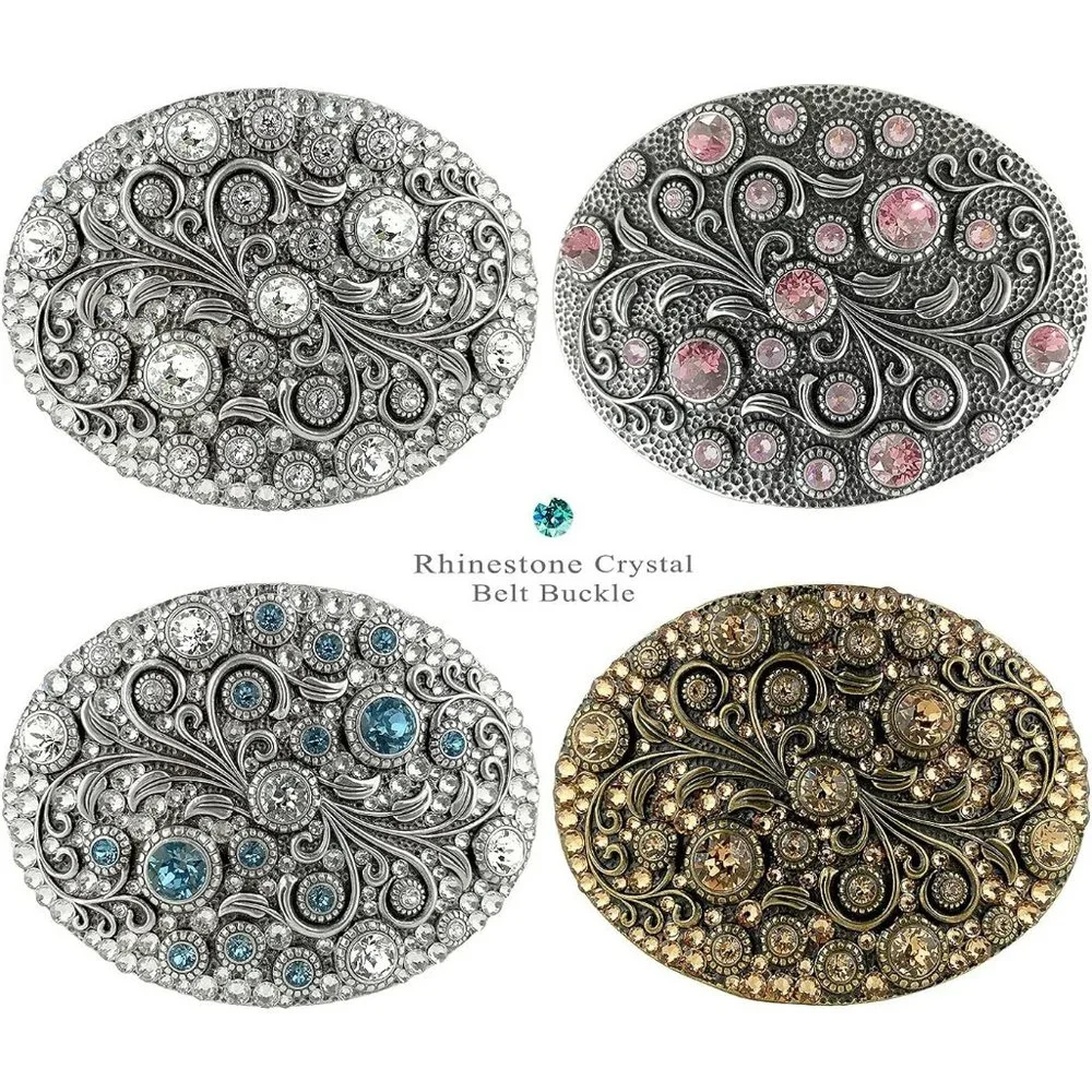 Light Dark Amethyst Antique Oval Floral Engraved Rhinestone Crystal Belt Buckle